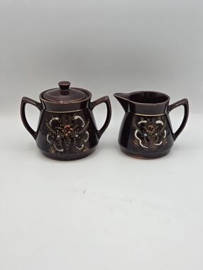 Vintage Japanese Moriage Redware Brown Betty Cream and Sugar
